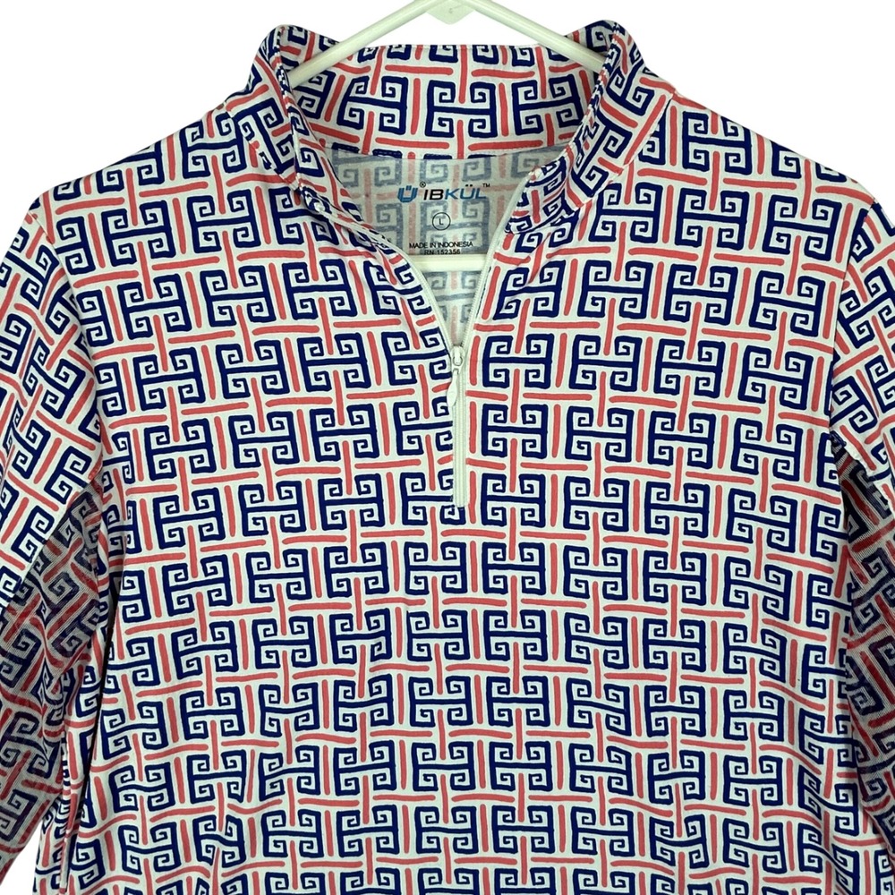 IBKUL Womens Large Quarter Zip Sun Shirt Greek Key Print Navy Blue Coral Pink